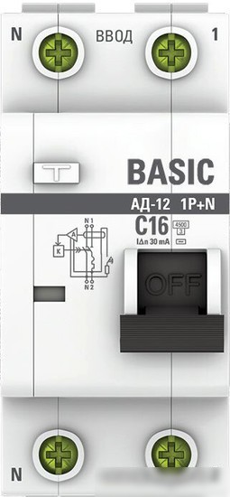 Дифференциальный автомат EKF Basic АД-12 1P+N 16А 30мА АС C DA12-16-30-bas