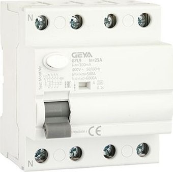 Устройство защитного отключения GEYA GYL9-4P-25A-300mA 4P 25A 6 kA 300mA A 4M GYL94P25A300