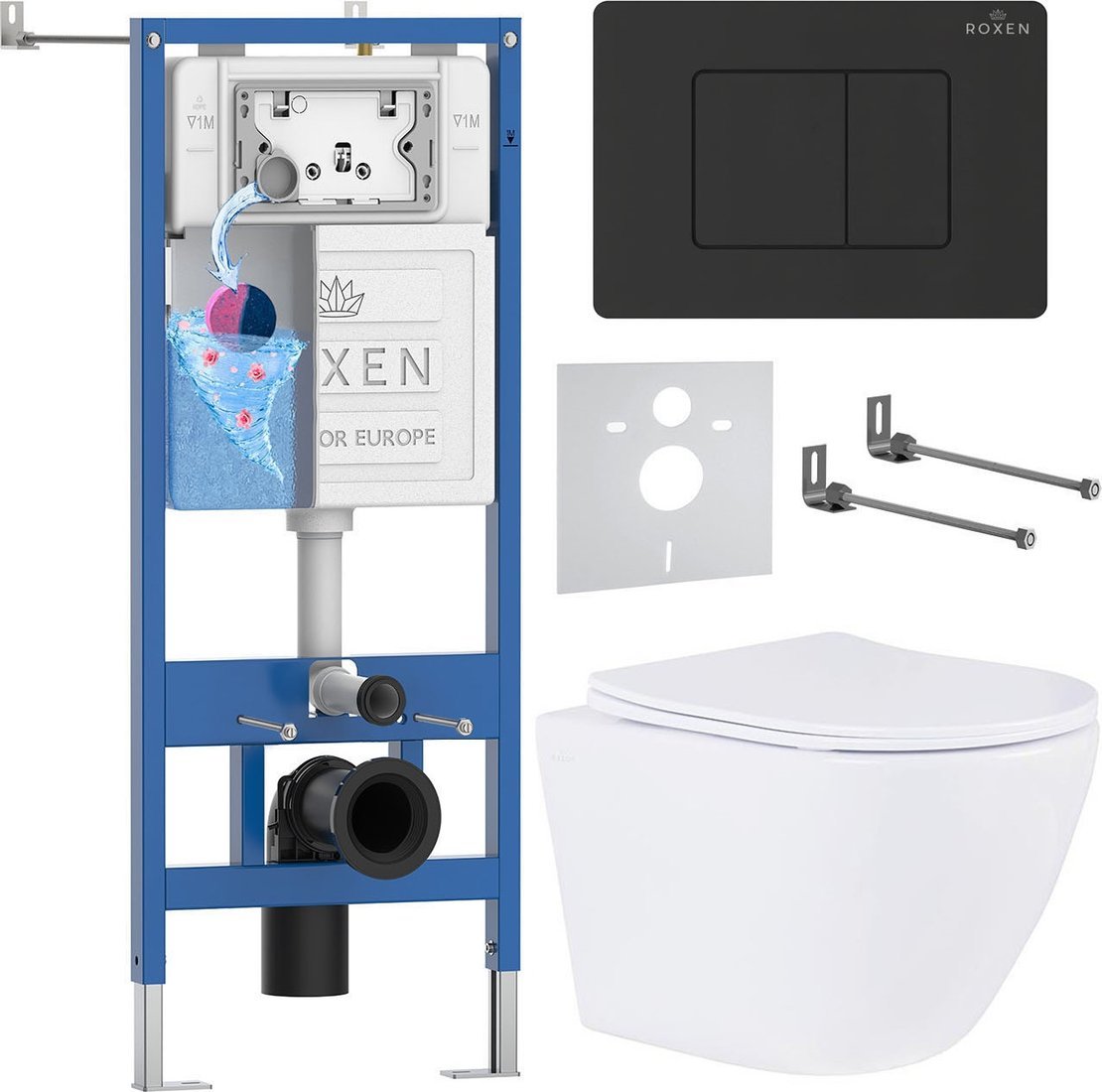 Унитаз подвесной Roxen Antares в комплекте с инсталляцией StounFix Dual Fresh 6 в 1 868504 (кнопка: черный матовая)
