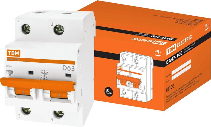 Выключатель автоматический TDM Electric ВА 47-100 2Р 63А (D) 10кА SQ0207-0020