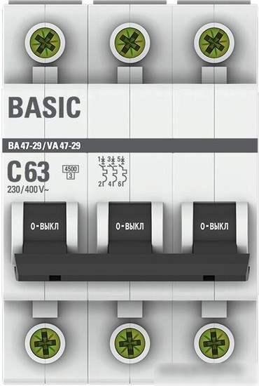 Выключатель автоматический EKF ВА 47-29 3P 63А (С) 4.5кА mcb4729-3-63C