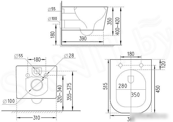 Унитаз подвесной Roxen Cube bidet в комплекте с инсталляцией StounFix Slim 6 в 1 966807 (кнопка: серый гранит)