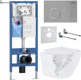 Унитаз подвесной Roxen Antares Tornado Long в комплекте с инсталляцией StounFix Dual Fresh 6 в 1 868435 (кнопка: хром матовый матовая)