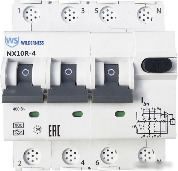 Дифференциальный автомат Wilderness NX10R 3P+N C25 300mA A 10kA NX10R-4-025C-300A