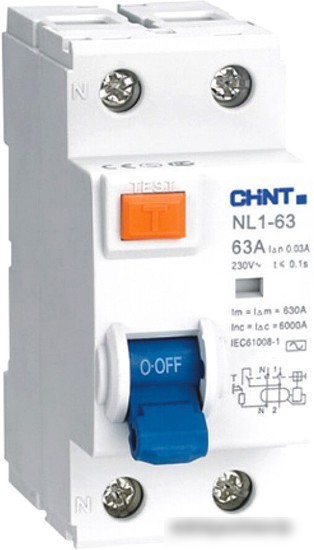 Устройство защитного отключения Chint NL1-100 2P 63А 100мА тип AC 10кА S 200420 Устройство защитного отключения Chint NL1-100 2P 63А 100мА тип AC 10кА S 200420