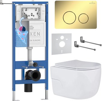 Унитаз подвесной Roxen Porto в комплекте с инсталляцией StounFix Dual Fresh 6 в 1 868474 (кнопка: золото глянцевая)