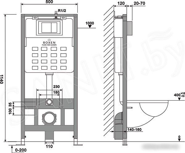 Унитаз подвесной Roxen Simple Compact в комплекте с инсталляцией StounFix Slim 6 в 1 966278 (кнопка: бежевый)