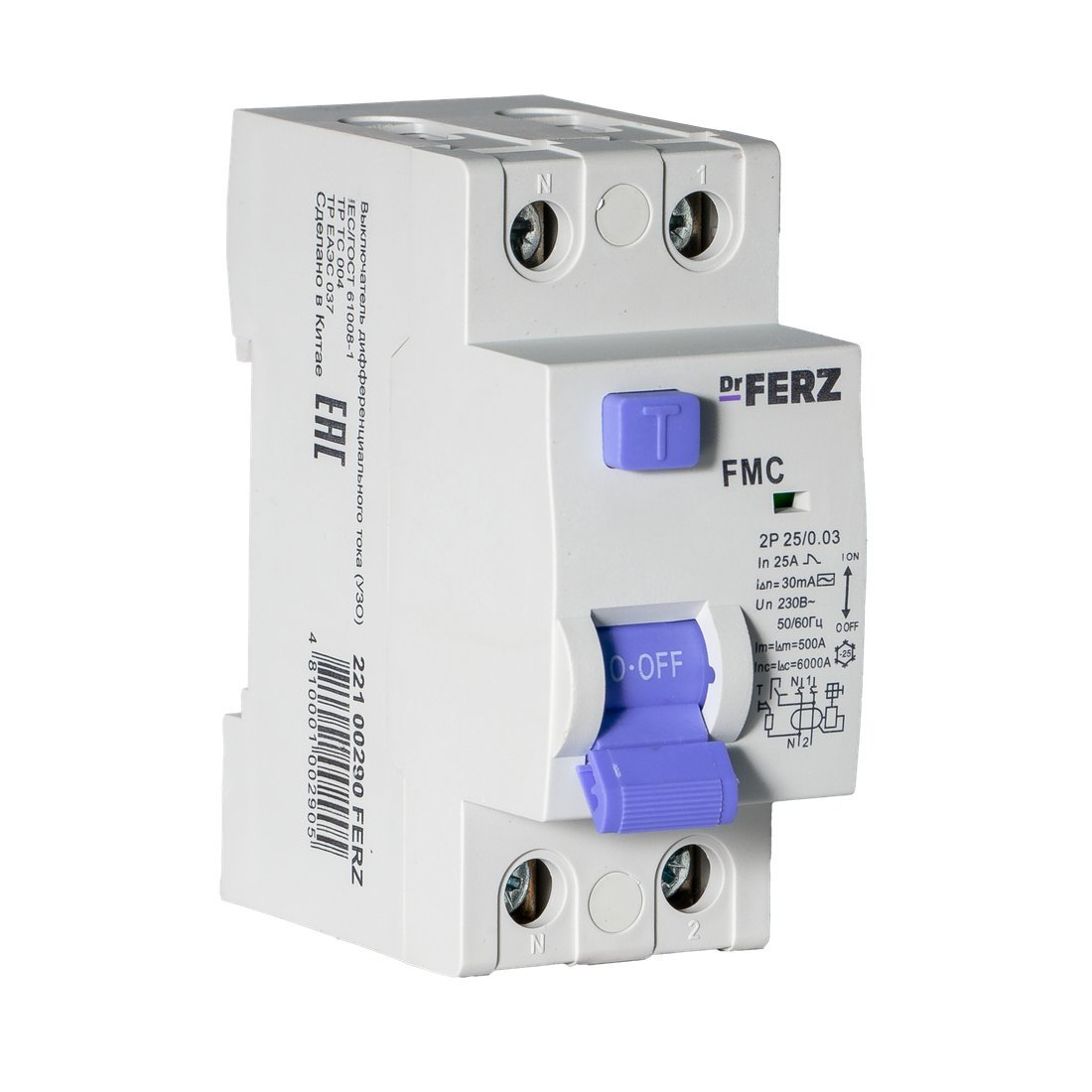 Устройство защитного отключения Dr.Ferz FMC-1P+N 25A 30mA 6kA AC 2M 22100290FERZ