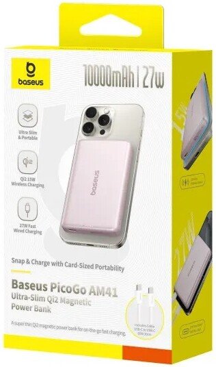 Внешний аккумулятор Baseus PicoGo AM41 Ultra-Slim Qi2 Magnetic Power Bank 10000mAh (розовый)