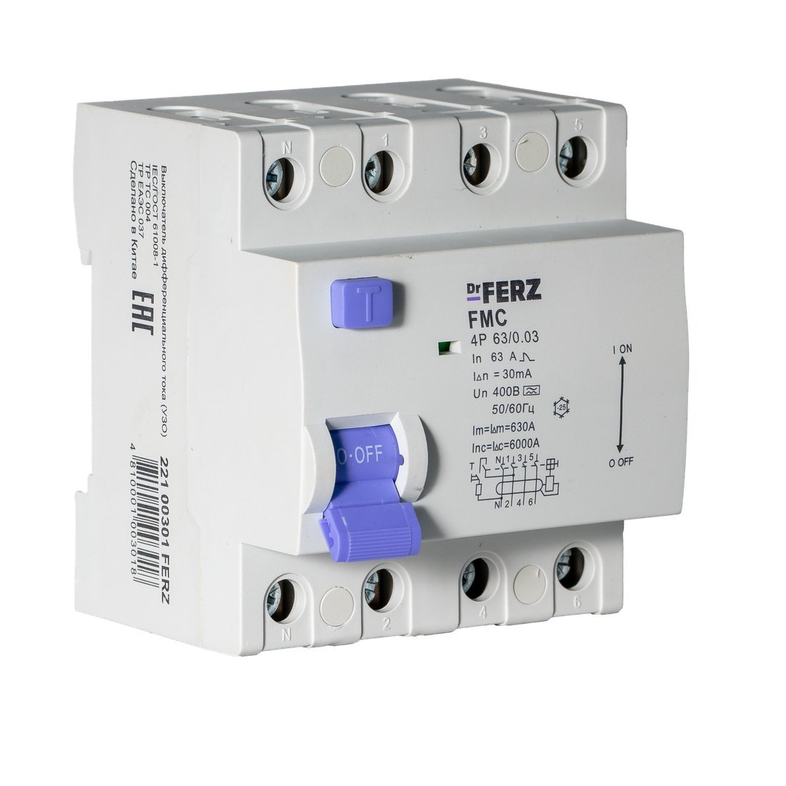 Устройство защитного отключения Dr.Ferz FMC-3P+N 40A 30mA 6kA A 4M 22100300FERZ