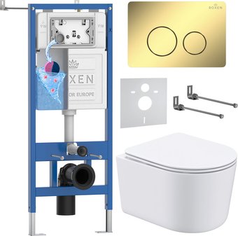 Унитаз подвесной Roxen Simple Compact в комплекте с инсталляцией StounFix Dual Fresh 6 в 1 868468 (кнопка: золото глянцевая)