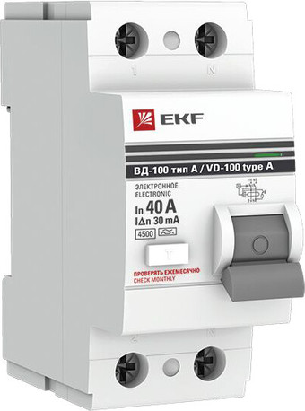 Устройство защитного отключения EKF PROxima ВД-100 2P 40А 30мА elcb-2-40-30-e-a-pro