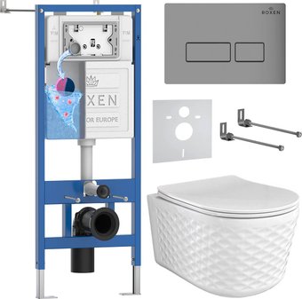 Унитаз подвесной Roxen Vine Tornado в комплекте с инсталляцией StounFix Dual Fresh 6 в 1 979003 (кнопка: хром матовый)