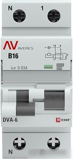 Дифференциальный автомат EKF Averes DVA-6 2P 16А 30мА (B) 6кА тип A rcbo6-1pn-16B-30-a-av