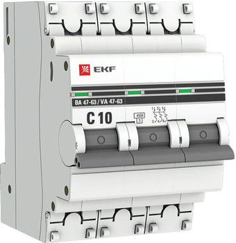 Выключатель автоматический EKF ВА 47-63 3P 10А (C) 4.5kA PROxima mcb4763-3-10C-pro