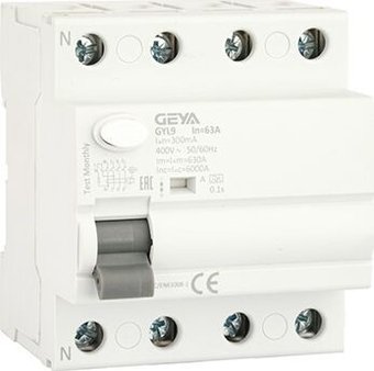 Устройство защитного отключения GEYA GYL9-4P-63A-300mA 4P 63A 6 kA 300mA A 4M GYL94P63A300