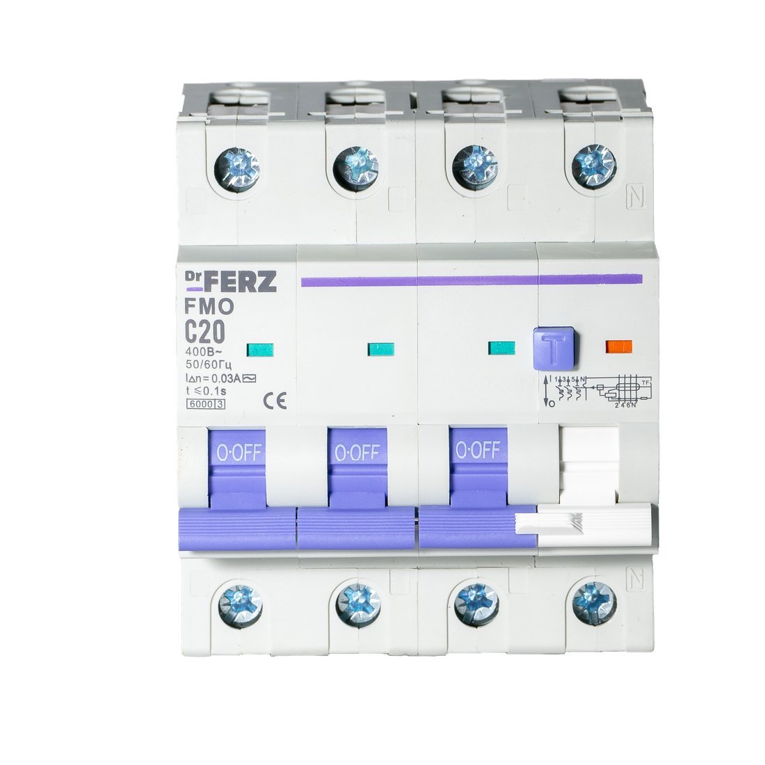 Дифференциальный автомат Dr.Ferz FMO-EL-3P+N 20A 30mA 6kA AC C 4M 22100221FERZ