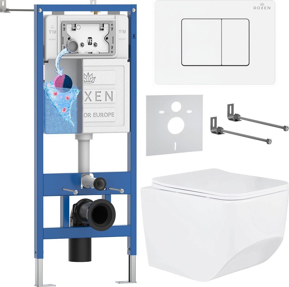 Унитаз подвесной Roxen Boro в комплекте с инсталляцией StounFix Dual Fresh 6 в 1 868532 (кнопка: белый глянцевая)