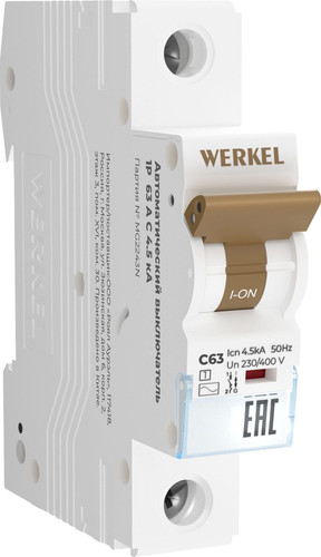 Выключатель автоматический Werkel 1P 63 A C 4.5 кА W901P634