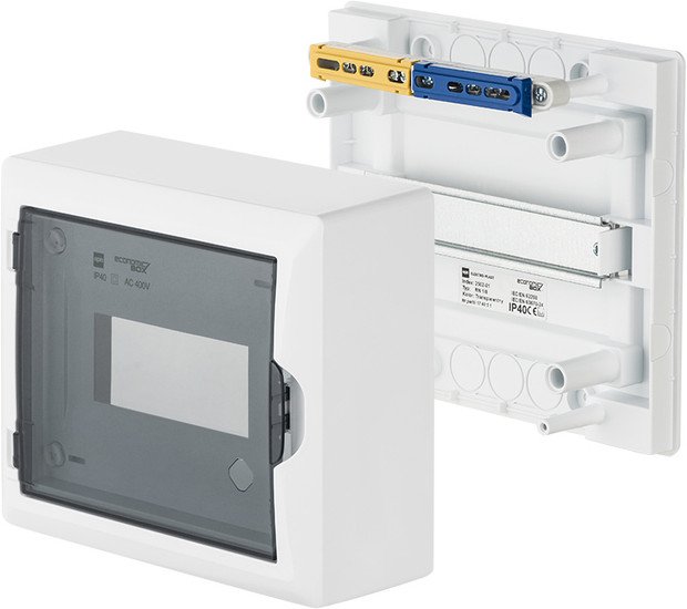Бокс пластиковый Elektro-Plast Eco Box 1x8M, N/PE 2x 2x16+5x10mm2, дымчатая пласт. дверь, белый RAL9003, 198x228x96mm, IP40