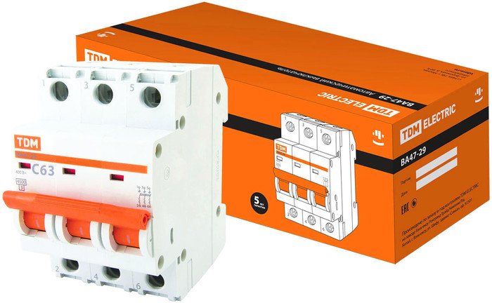 Выключатель автоматический TDM Electric ВА 47-29 3Р 63А (C) 4.5кА SQ0206-0115