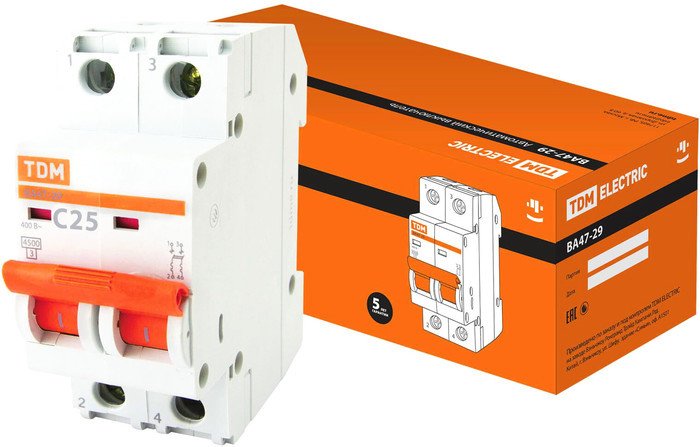 Выключатель автоматический TDM Electric ВА 47-29 2Р 25А (C) 4.5кА SQ0206-0095