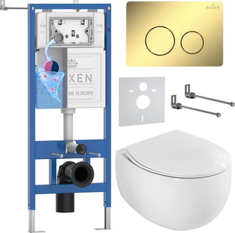 Унитаз подвесной Roxen EGG в комплекте с инсталляцией StounFix Dual Fresh 6 в 1 868477 (кнопка: золото глянцевая)