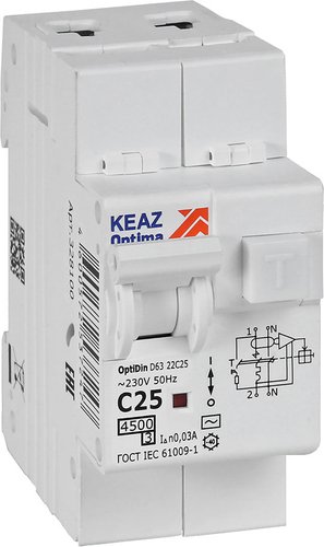 Дифференциальный автомат КЭАЗ OptiDin D63-22C25-AC-У3 C25 30мА 4.5кА 328100