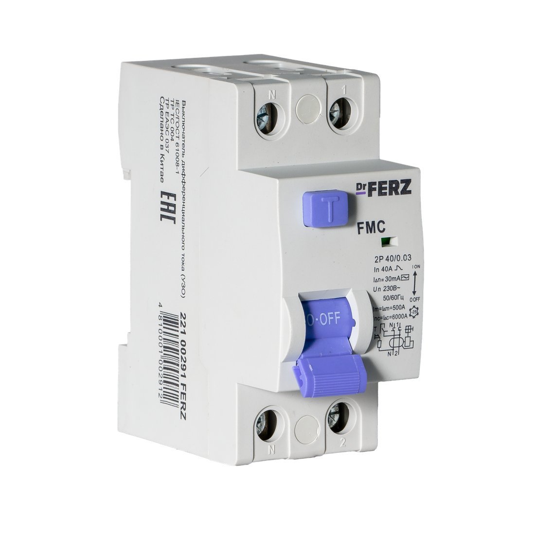 Устройство защитного отключения Dr.Ferz FMC-1P+N 40A 30mA 6kA AC 2M 22100291FERZ