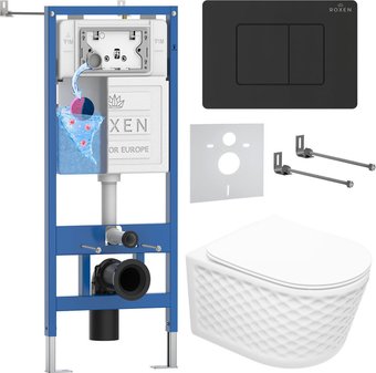 Унитаз подвесной Roxen Vine Tornado в комплекте с инсталляцией StounFix Dual Fresh 6 в 1 868528 (кнопка: черный матовая)