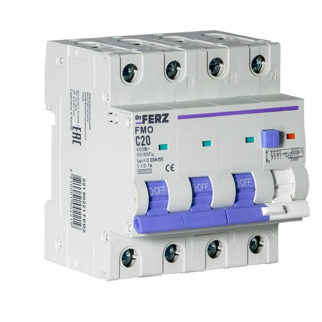 Дифференциальный автомат Dr.Ferz FMO-EL-3P+N 20A 30mA 6kA AC C 4M 22100221FERZ