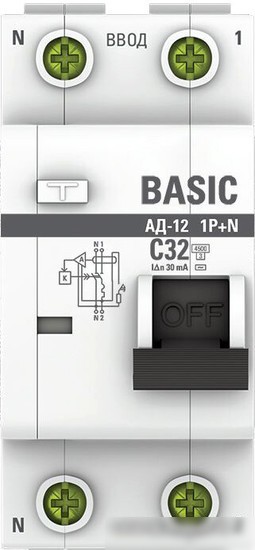Дифференциальный автомат EKF Basic АД-12 1P+N 32А 30мА АС C DA12-32-30-bas