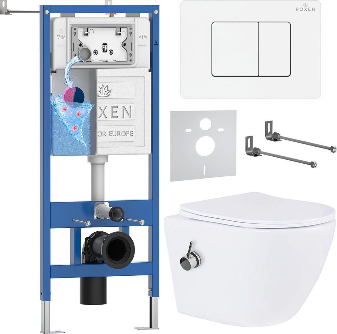 Унитаз подвесной Roxen Antares Bidet в комплекте с инсталляцией StounFix Dual Fresh 6 в 1 868561 (кнопка: белый глянцевая)