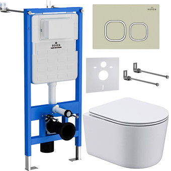 Унитаз подвесной Roxen Simple Compact в комплекте с инсталляцией StounFix Slim 6 в 1 966614 (кнопка: бежевый)