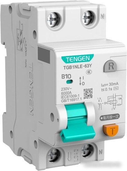 Дифференциальный автомат Tengen TGB1NLE-63Y 1P+N 10A B 6kA 30mA AC 2M TEN312111 Дифференциальный автомат Tengen TGB1NLE-63Y 1P+N 10A B 6kA 30mA AC 2M TEN312111