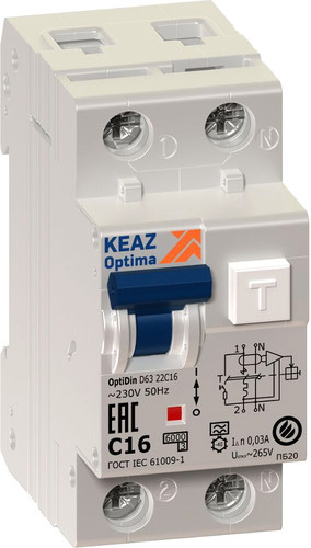 Дифференциальный автомат КЭАЗ OptiDin D63 2P (1P+N) C 6А 30мА тип A 6кА УХЛ4 103505