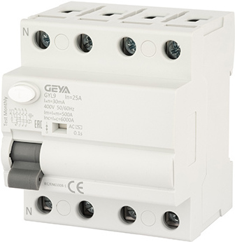 Устройство защитного отключения GEYA GYL9 4P 25A 6 кА 30мА AC GYL94P25A30MA