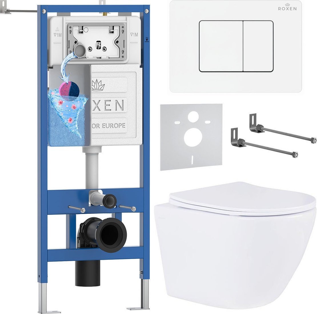 Унитаз подвесной Roxen Antares в комплекте с инсталляцией StounFix Dual Fresh 6 в 1 868638 (кнопка: брашированное золото матовая)