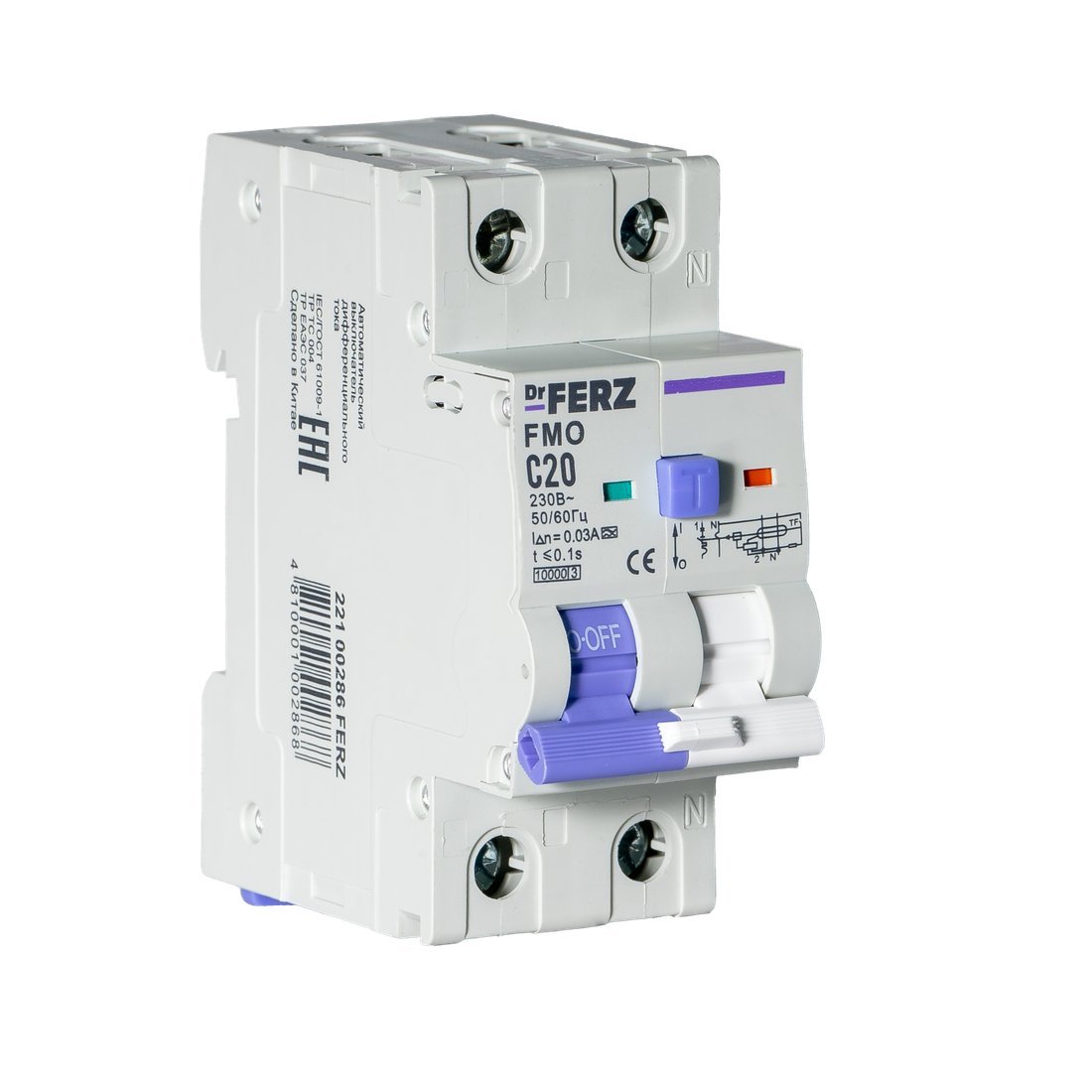 Дифференциальный автомат Dr.Ferz FMO-EM-1P+N 20A 30mA 10kA A C 2M 22100286FERZ