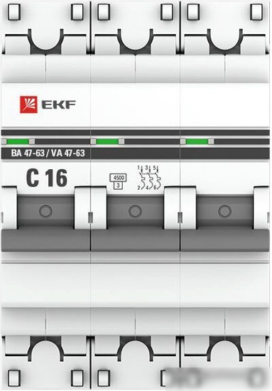 Выключатель автоматический EKF ВА 47-63 3P 16А (C) 4.5kA PROxima mcb4763-3-16C-pro