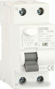Устройство защитного отключения GEYA GYL9-2P-40A-30mA 2P 40A 6 kA 30mA A 2M GYL92P40A30