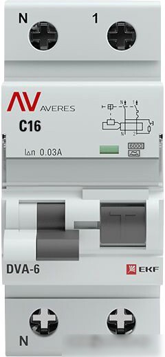 Дифференциальный автомат EKF Averes DVA-6 2P 16А 30мА (C) 6кА тип A rcbo6-1pn-16C-30-a-av