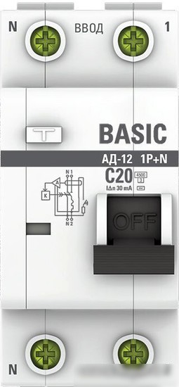 Дифференциальный автомат EKF Basic АД-12 1P+N 20А 30мА АС C DA12-20-30-bas