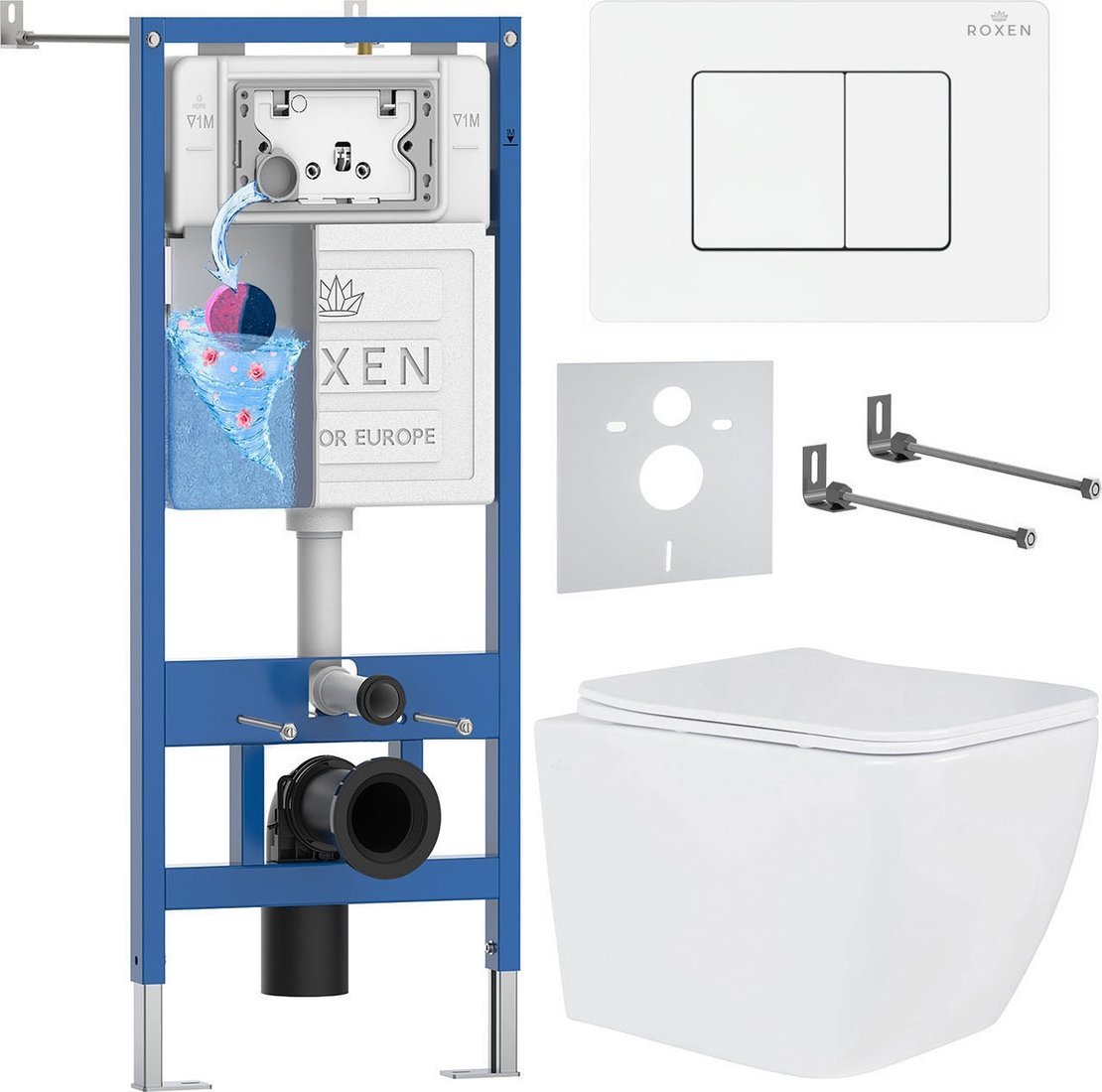 Унитаз подвесной Roxen Cube Tornado в комплекте с инсталляцией StounFix Dual Fresh 6 в 1 868530 (кнопка: белый глянцевая)
