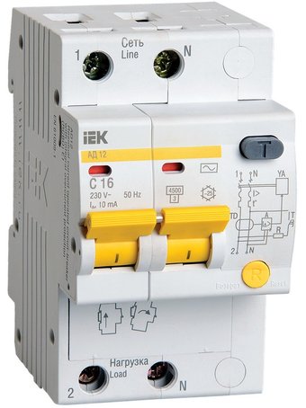 Дифференциальный автомат IEK АД12 2P 16А 10мА тип AC MAD10-2-016-C-010