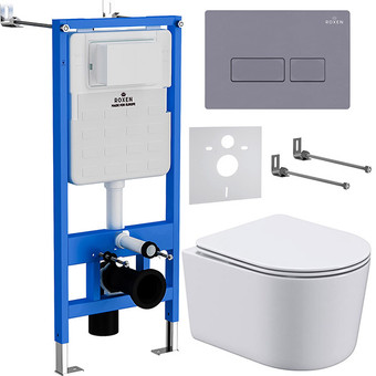 Унитаз подвесной Roxen Simple Compact в комплекте с инсталляцией StounFix Slim 6 в 1 966808 (кнопка: серый гранит)