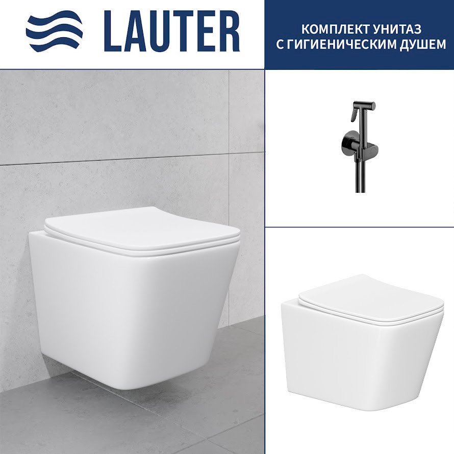 Унитаз подвесной Lauter Square с жестким сиденьем Soft Close 214903 + Breez 21GN7072BM (скрытое крепление)