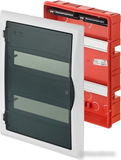 Бокс пластиковый Elektro-Plast Eco Box 2x12M, N/PE 3x 2x16+7x10mm2, дымчатая пласт. дверь, белый RAL9003, 430x350x95mm, IP40