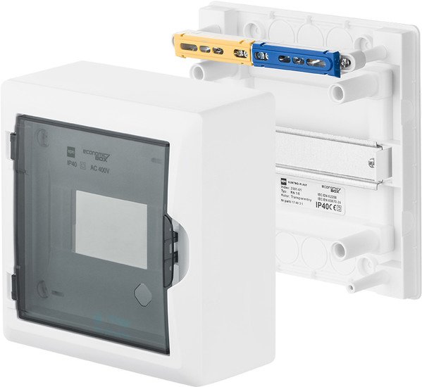 Бокс пластиковый Elektro-Plast Eco Box 1x6M, N/PE 2x 2x16+3x10mm2, дымчатая пласт. дверь, белый RAL9003, 198x192x96mm, IP40
