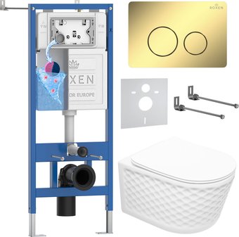 Унитаз подвесной Roxen Vine Tornado в комплекте с инсталляцией StounFix Dual Fresh 6 в 1 868488 (кнопка: золото глянцевая)